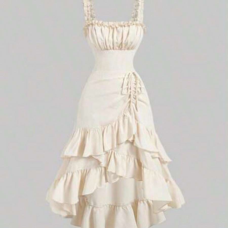 MOD Apricot Vintage Ruffled Hem Women's Dress, Casual Outfit For Early Autumn - Albaricoque - Ver 1