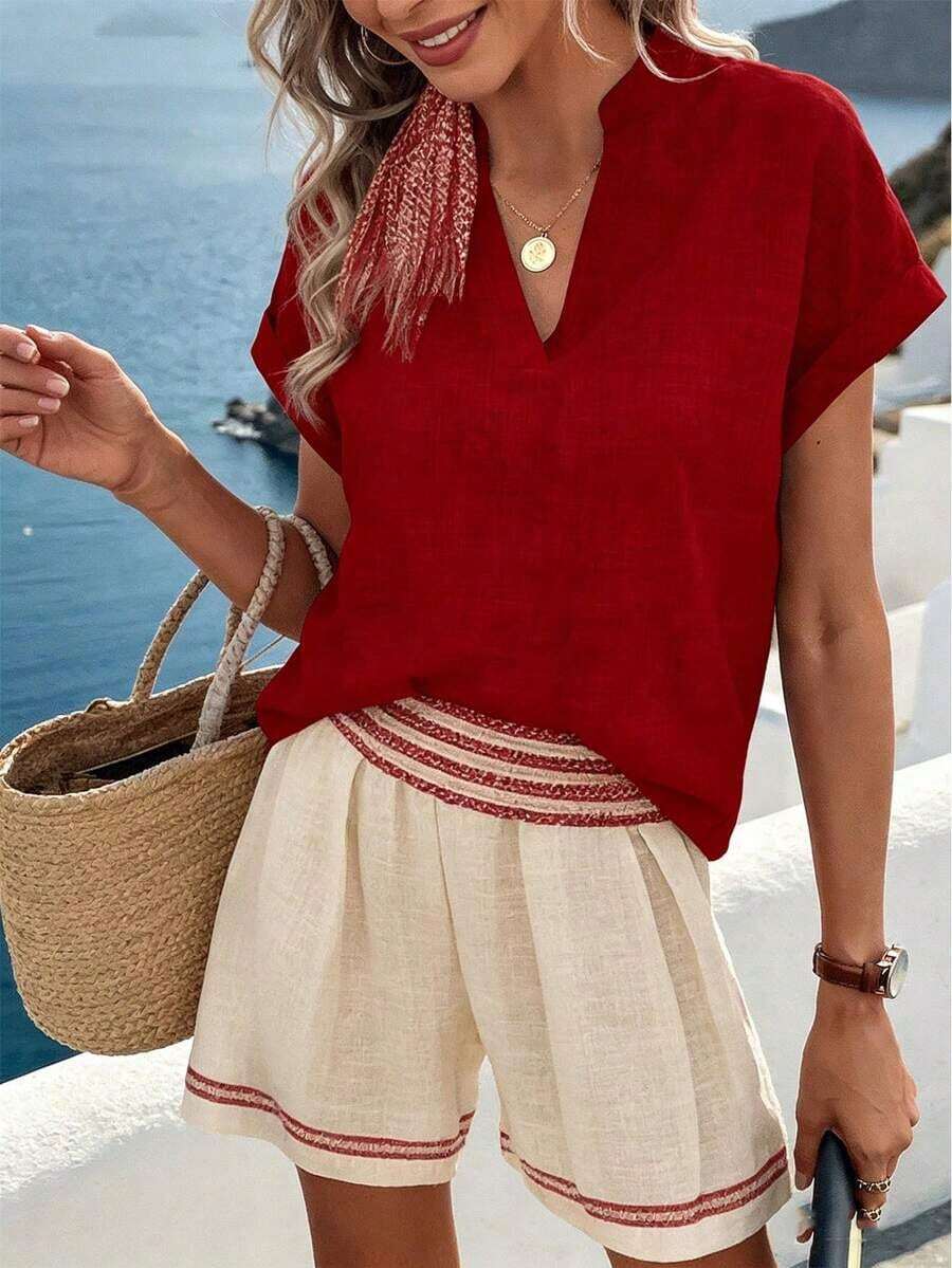 Camisa casual de mujer de manga corta con cuello entallado de unicolor, para verano - Rojo - Ver 1