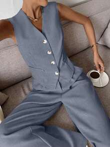 Conjunto de chaleco y pantalones casuales y de uso diario para mujer en otoño/invierno - Niebla azul - Ver 1