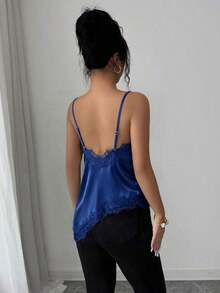 Camiseta de mujer de estilo francés elegante con contraste de color y encaje, con bajo asimétrico - Azul - Ver 2