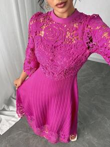 Vestido largo de manga larga con parches de bordado de ojal amarillo para mujeres - Rosa Fucsia - Ver 2