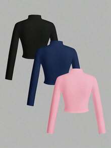 Set de 3 camisetas de manga larga con cuello en V, cremallera y ajuste ceñido, de estilo casual para otoño/invierno para mujer, en colores blanco + negro + gris - Rosa - Ver 2