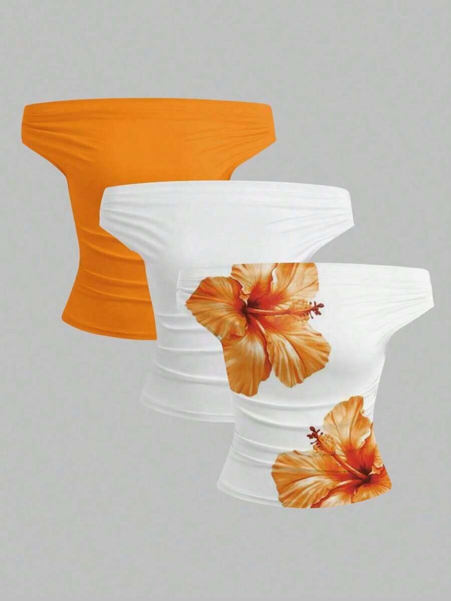 Parte superior sencilla de diseño con hombros descubiertos de unicolor, uso casual diario para mujeres - Multicolor 14 - Ver 1