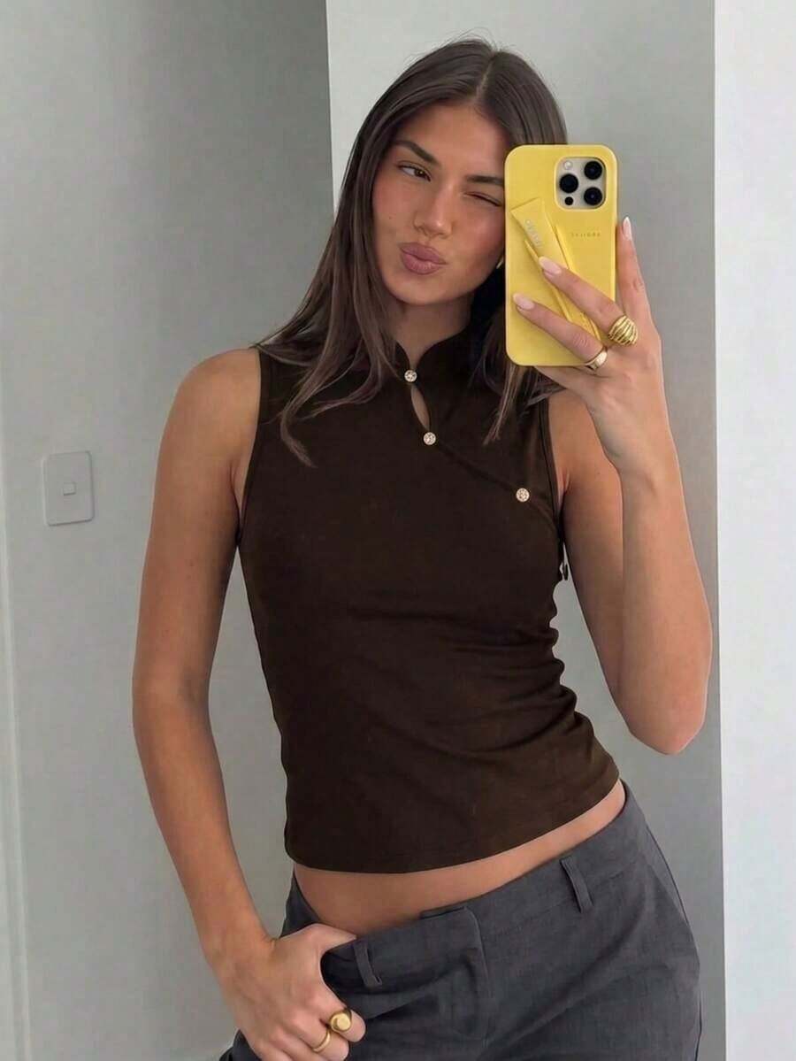 de estilo chino retro con cuello de cheongsam para mujer, top negro casual, top de pullover adecuado para vacaciones, fiestas, elegante para mujer, uso diario casual.Top negro sin mangas de cuello alto, top negro de verano - Café integral - Ver 1