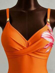 Conjunto de bikini de 2 piezas con estampado floral, accesorio de metal y correa ajustable, de caliente para vacaciones de primavera/verano y playa - Naranja Quemada - Ver 6