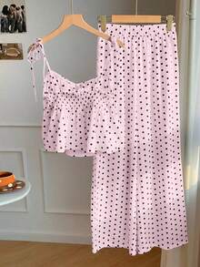 Conjunto de 2 piezas de top tipo camisola con hombros retorcidos y estampado de lunares, y pantalones de pierna ancha, para mujer, estilo casual de verano, retro y de playa - Rosa - Ver 2