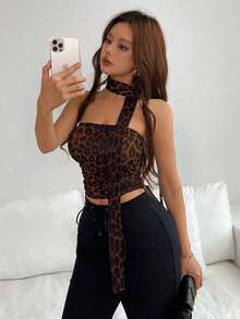 Top de bandeau fruncida con estampado de leopardo y bufanda - Café integral - Ver 5