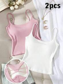Paquete de 2 tops de camiseta acanalada con sujetador acolchado incorporado - Rosa y Negro/Lunares blancos, tops versátiles casuales para verano y uso en todas las estaciones, estilos suaves y limpios para chica, perfectos para el hogar, la escuela - Negro 6 - Ver 11