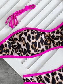 Set de 2 piezas Bikini bandeau con estampado floral rosa para mujer, con tirantes desmontables adecuado para vacaciones en la isla y sesiones de fotos en la playa en verano - Multicolor 17 - Ver 5