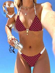 Conjunto de bikini reversible con estampado de lunares en contraste, con escote halter y nudo en la espalda, de estilo dulce y sexy, para vacaciones en la playa - Rojo y blanco - Ver 8