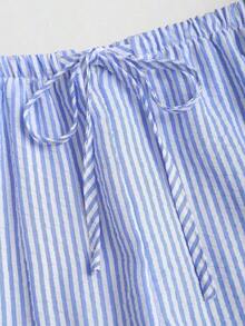 Set de 2 pantalones rectos de pierna sencilla con cordón, estilo versátil, a rayas rosas, de llegada nueva para el verano estilo europeo y americano, para mujer - Celeste - Ver 8