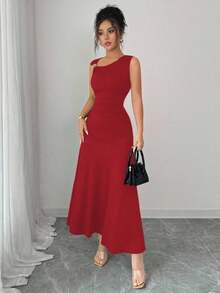 Nuevo vestido casual y elegante para mujer con cuello asimétrico, decoración metálica y cintura fruncida para vacaciones - Rojo - Ver 5
