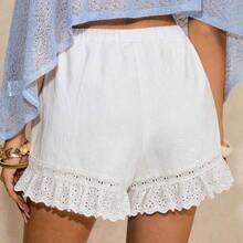 Women's Cotton Casual Hollow Out Embroidery Ruffle Hem Shorts,Suitable For Daily Wear,Vacation ,Beach Shorts, Vacation Outfits Women ,Beach Outfits For Women,Spring/Summer - Blanco - Ver 8