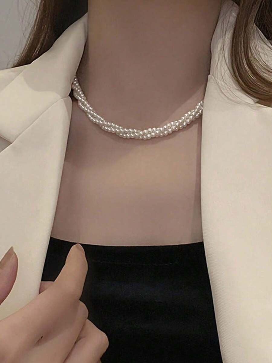 1件装多层仿珍珠缠绕项链，奢华简约精致颈链，百搭优雅，送给她的礼物 - 白色 - 查看 1