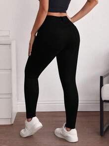 Pantalones ajustados de mezclilla negros con roturas, cintura media, elásticos y adelgazantes - negro puro - Ver 4