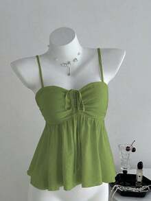 Camiseta de tirantes con volantes de unicolor lindo para damas, ropa de verano para la universidad - Verde Oliva - Ver 1