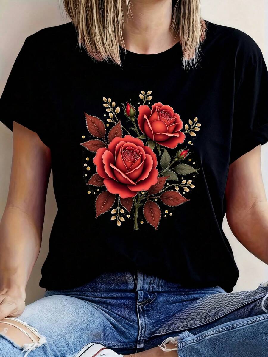 Vintage rosa roja floral impresión de la mujer camiseta de manga corta, 100% mantequilla suave transpirable top para edades 18-45, tranquilo lujo estilo Cottagecore francés, cuello de la tripulación delgado o suelto ajuste