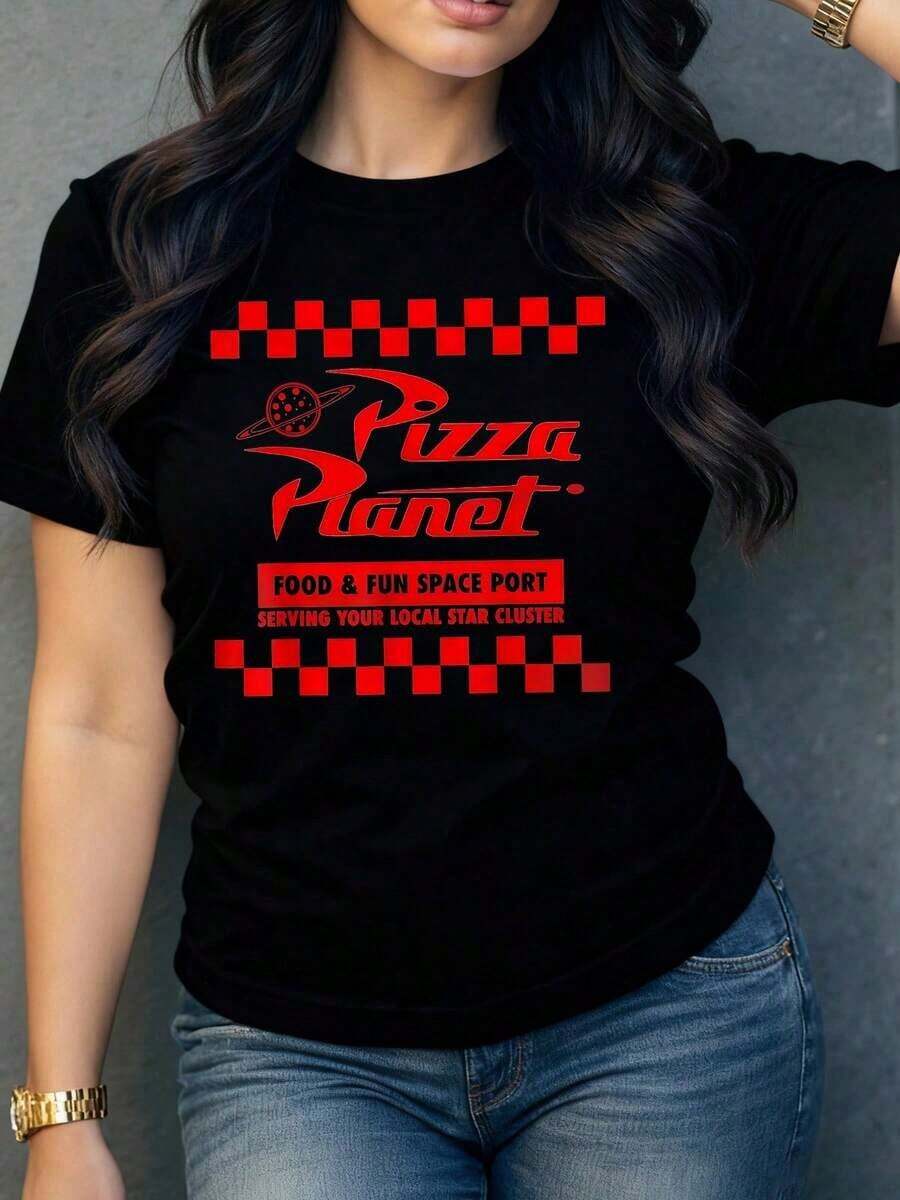 Respirable Camiseta de mujer con estampado divertido de Pizza Planet, diseño original y moderno, ideal para un look casual y con estilo Fabricada en algodón suave para máxima comodidad Perfecta para el día a día o para una noche de pizza con amigos, ropa de calor mujer - Negro - Ver 1