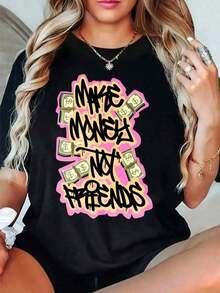 Mother's Day Set, Graphic Tees, Women's Plus Size Crew Neck Graphic Tees, 100% Cotton T-Shirt, Casual Wear "Make Money Not Friends", Spring Loose Short Sleeve Tops, Fashion Basic Tees, Clothing Gift For Women, 100% Cotton, Women's Tops - 黑色 - 查看 8