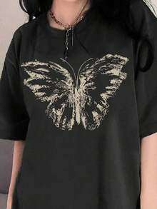 1 Piece Casual Fashion Set For Men And Women. Women's Short-Sleeved, Crew-Neck T-Shirt With Butterfly Print, Ideal For Summer. Versatile, Easy To Match, Suitable For Everyday Wear, Streetwear, Vacation Outfits, And Weekend Get-Togethers. - 黑色 - 查看 6