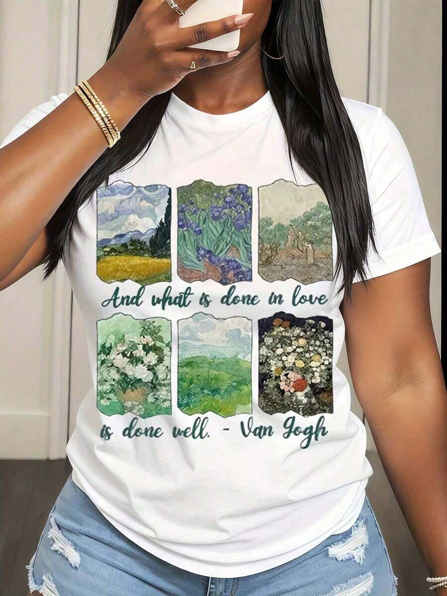 Women's Short-Sleeved T-Shirt With Graphic Print Of Van Gogh Art, Landscape, Flowers And Quotes, Casual Summer Style For Everyday Wear - Urban Vintage Style, Unisex, Loose Fit, Cotton, Round Neck And Short Sleeves. - 白色 - 查看 1