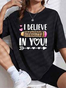 Conjunto para el Día de la Madre, Camiseta Gráfica de Algodón, Tallas Grandes, Camiseta con Estampado 'I Believe In You Teacher Testing Test Day' y Lápiz de Leopardo, Estilo Y2K, Camiseta Oversize para Hombre, Tops de Mujer - Negro - Ver 1