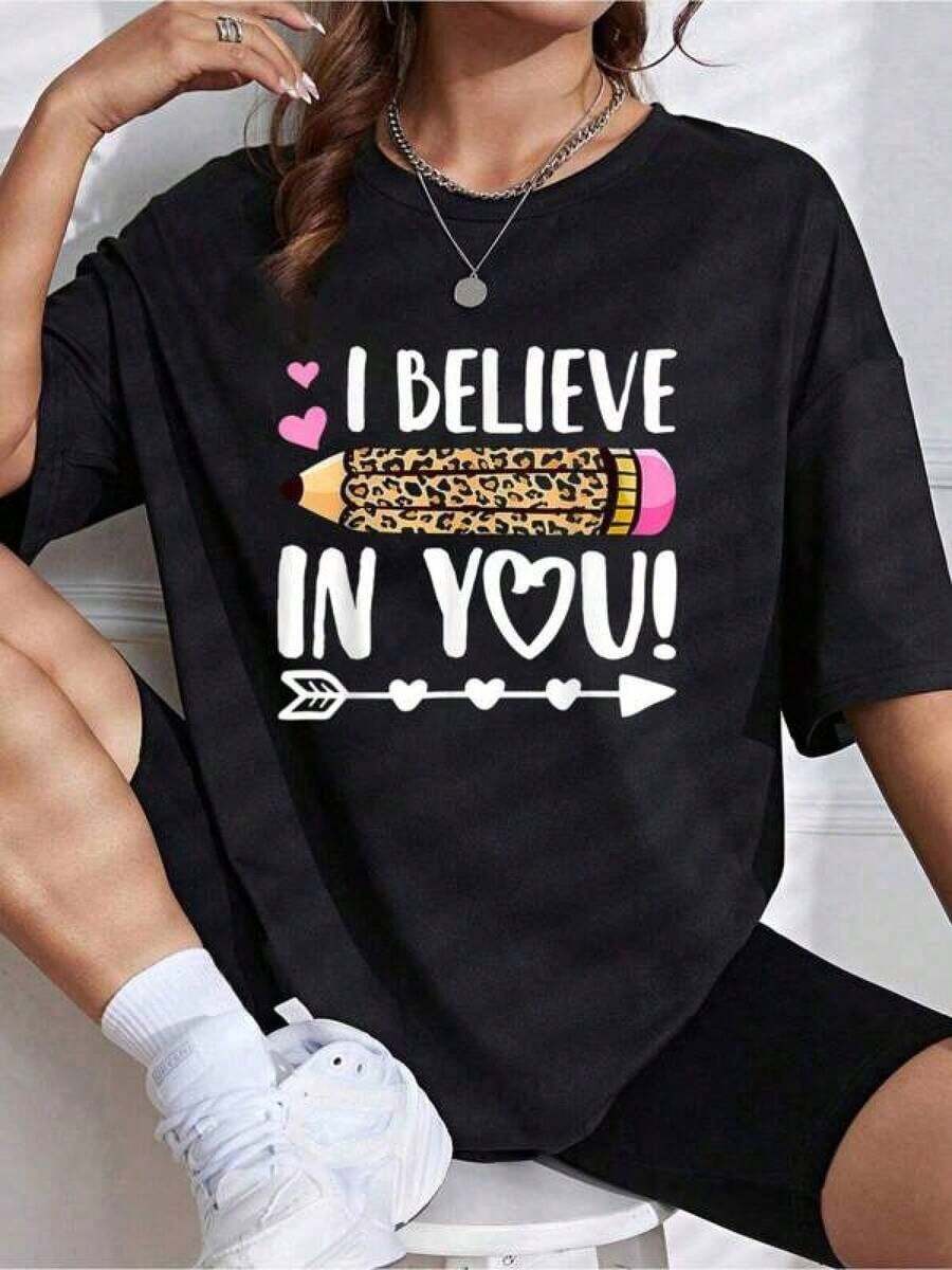 Conjunto para el Día de la Madre, Camiseta Gráfica de Algodón, Tallas Grandes, Camiseta con Estampado 'I Believe In You Teacher Testing Test Day' y Lápiz de Leopardo, Estilo Y2K, Camiseta Oversize para Hombre, Tops de Mujer - Negro - Ver 1