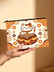 Bolsa de cosméticos con estampado de gato de la suerte Takoyaki, bolsa con cremallera con diseño de Maneki-Neko (gato de la suerte japonés) de comida callejera japonesa - Multicolor - Ver 4