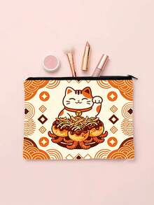 Bolsa de cosméticos con estampado de gato de la suerte Takoyaki, bolsa con cremallera con diseño de Maneki-Neko (gato de la suerte japonés) de comida callejera japonesa - Multicolor - Ver 2