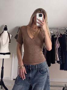 Women's New V-Neck Short Sleeve Knit Top, Sexy - Brownish-brown - View 4