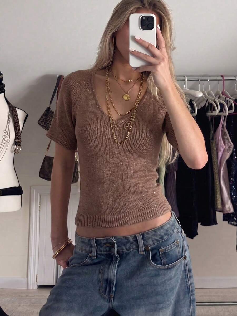 Blusa de punto de cuello en V y manga corta para mujer, sexy - marrón parduzco - Ver 1