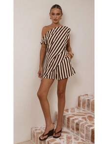 Women's Striped/Print One Shoulder Wrap Top & Shorts Set, Asymmetrical Two-Piece Outfit, Casual Summer Vacation Co-Ord, Multi Colors Available - Coffee Stripes - View 3