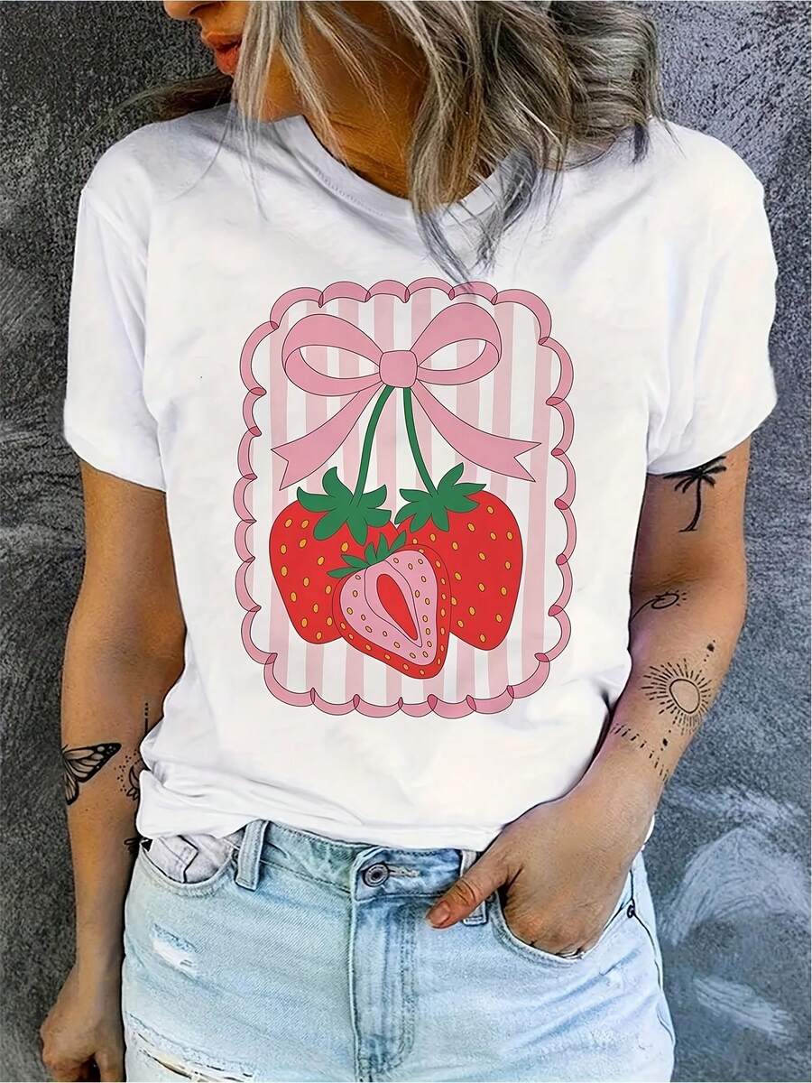 Summer New Arrival Sweet Bow Strawberry Print White Cotton Casual Short Sleeve T-shirt Women's Fitted Short-Sleeve Tee with Fun Graphics, Perfect for Everyday & Casual Work Looks - Blanco - Ver 1