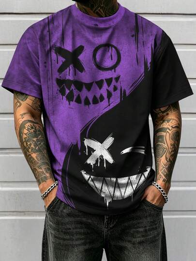 T-shirt en coton stretch grande taille pour hommes, imprimé gothique sourire maléfique 3D, Top décontracté à col ras-du-cou et manches courtes, streetwear