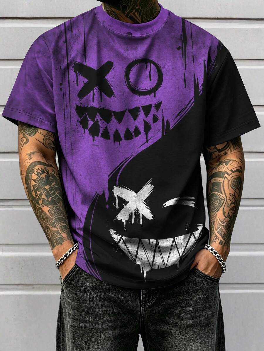 Herren Große Größen Yin Yang Gesicht Muster Lässig Kurzarm Rundhals Streetwear T-Shirt, geeignet für Alltag, Urlaub, Party, Gothic Stil - Violett - Übersicht 1