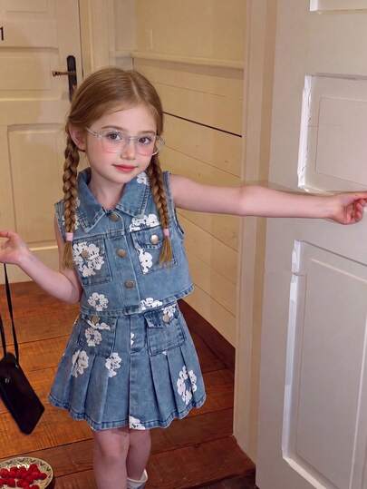 Conjunto de 2 piezas de niña bebé para verano con parte superior sin mangas con estampado floral y falda plisada a juego, conjunto de vestir elegante para uso diario, al aire libre, escuela, viajes, vacaciones, versátil