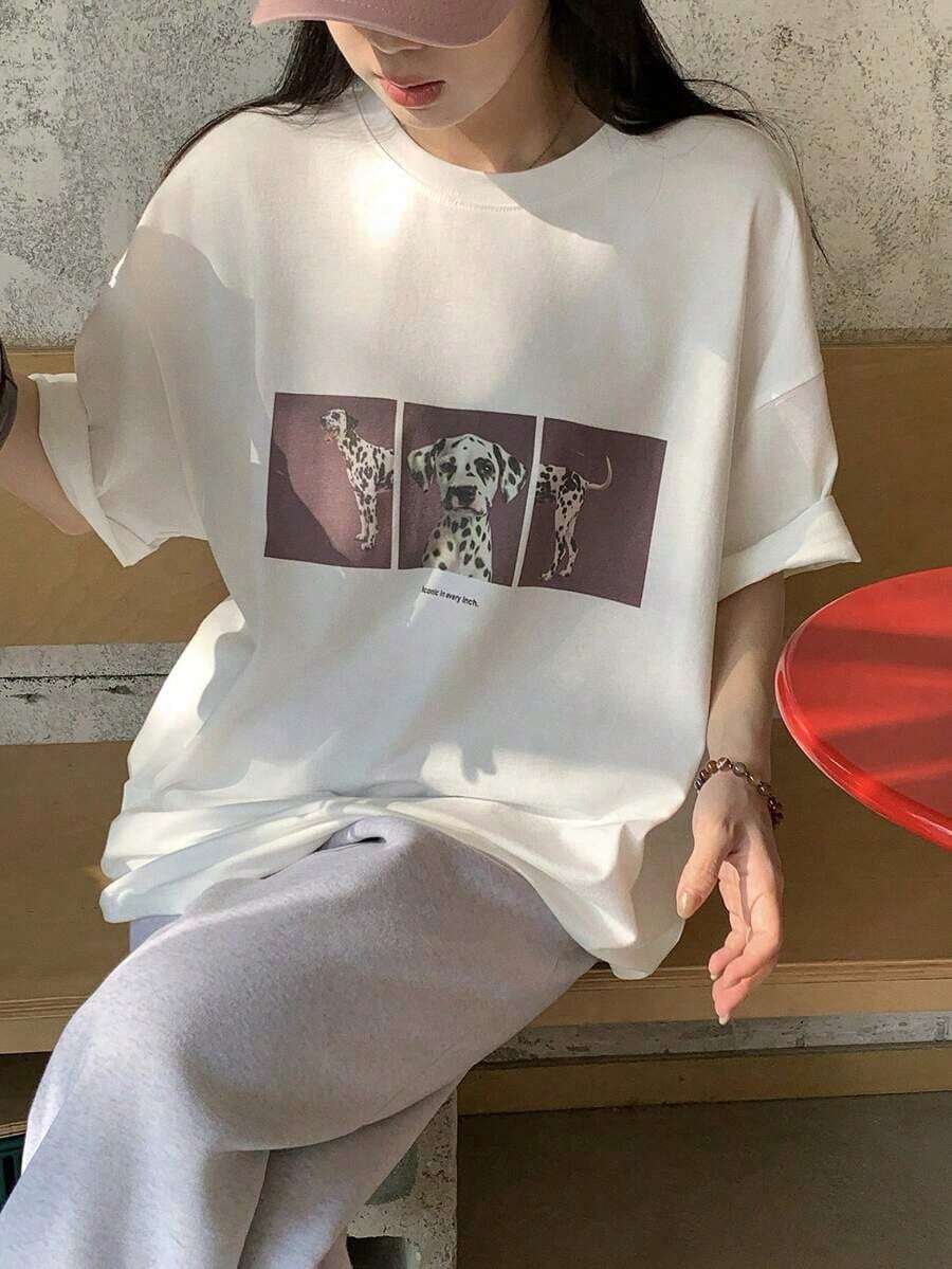 Camiseta casual de manga corta con estampado y cuello redondo para mujer , 100% algodón. - Blanco - Ver 1