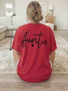 Women's T-Shirt With Double-Sided Front/Back Print - Short Sleeve, Round Neck, Casual Style, Suitable For Casual Wear, Machine Washable, With "Auntie" And Heart Print, Non-Blouse Style For Layering Or Wearing As A Top, 100% Cotton - 紅色 - 查看 3