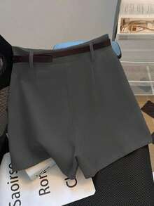 Women's Summer Solid Color Shorts, Mid-High Waist, Versatile And Fashionable For Everyday Wear, With Belt - 灰色的 - 查看 6