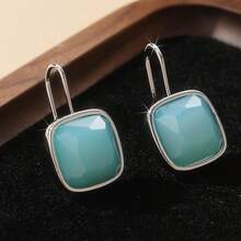 Khuyên tai móc vuông màu xanh lục sang trọng kiểu Pháp, phụ kiện dành cho nữ mang phong cách retro độc đáo. - Bạc - Xem 6