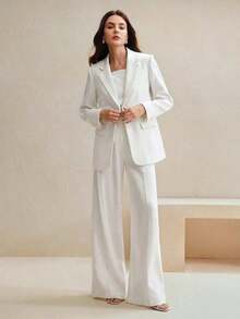 Conjunto de traje de mujer, blazer de unicolor estilo vintage + pantalones rectos, 2 piezas - Blanco - Ver 6