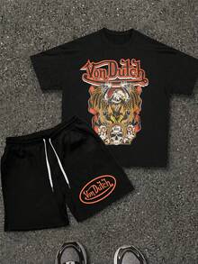 Men's 2PC " Vons Duth " Print T-Shirt & Shorts Set, 100% Cotton, Lightweight, Breathable, Soft Comfort,  Streetwear, Casual Outfit For Summer, Vacation, Daily Wear & Outdoor Activities - màu đen - Xem 2