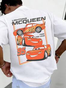 Men's Disney Cars Vintage Lightning McQueen Tee, Retro Print, Loose Fit, Casual Streetwear. - 白色 - 查看 2