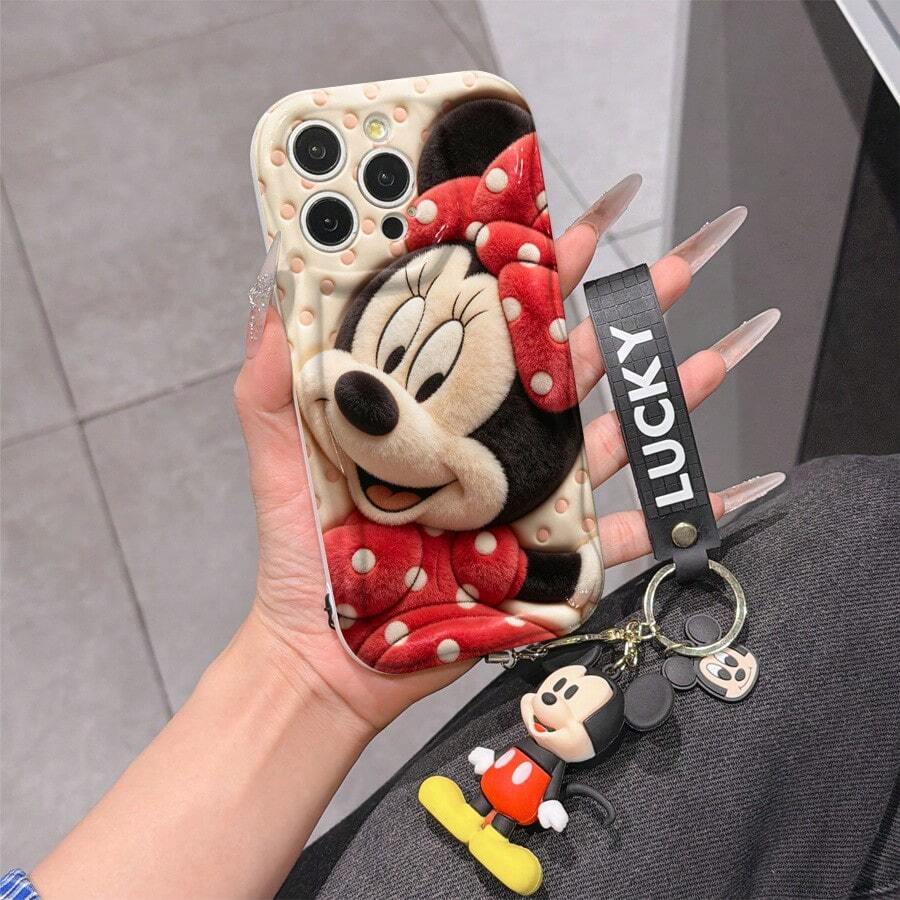 Disney Mickey Mouse Clubhouse Phone Case : 3D Fluffy Pattern Border Protector Phone Soft Phone Case With A Free Cute Mickey Bracelet Chain Lanyard, Mickey, Minnie, Goofy, Donald Duck, Daisy Duck, Pluto, For Apple 17 Promax 17 Pro 16 15 14 13 12 11 Pro Max XS Max X XR Soft Cover Summer Phone Case - 白色 - 查看 1