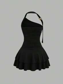 Nuevo estilo de vestido mini para mujer con falda acampanada, decoración de metal en espiral en el cuello halter y la cintura - Negro - Ver 2