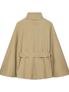 Women's Elegant Solid Color Stand Collar Belted Short Cape Jacket, Solid Color Belt, Front Button Closure, Suitable For Daily Wear - Khaki - View 8