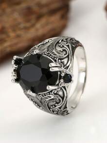 Exquisite Black Obsidian Gold-Plated Ring, Victorian Style Hollow Black Diamond Cocktail Ring, Gothic Dark Style Jewelry For Men - Silver - View 11