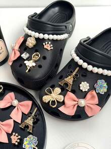 Fashionable Girl Style Clogs Shoes Charms Set - Bow, Dollar Sign, Star & Flower Decor, Shiny Clogs Shoes Accessories - Golden Eiffel Tower Ballet Chain Set - View 7