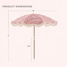 6FT Outdoor Patio Umbrella With Fringe Tassels, Portable Boho Beach Umbrella With Push Button Tilt And Carrying Bag, UV Protection Sun Shade Canopy For Poolside Garden And Backyard, Reef Crimson - 礁紅 - 查看 2