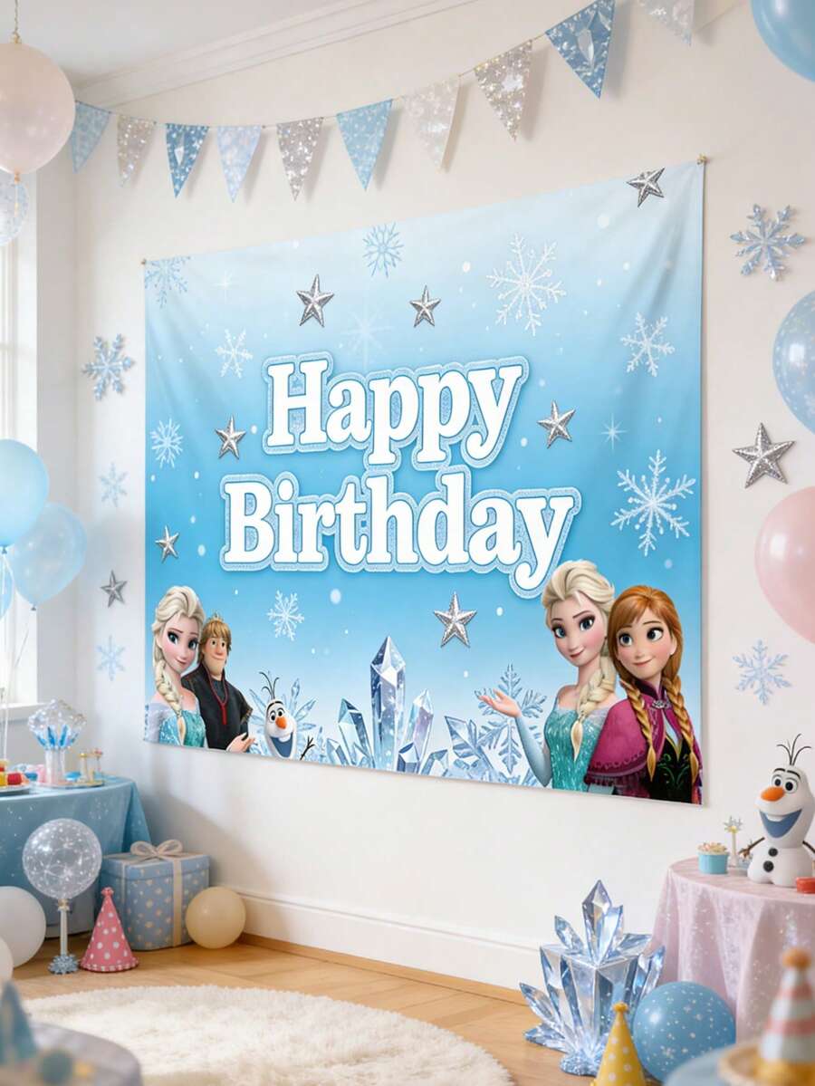 Disney 迪士尼冰雪奇缘生日快乐背景幕布，艾莎和安娜冰蓝色横幅，适用于派对摄影和装饰，这款冰雪奇缘主题生日背景幕布可将您的庆祝活动变成神奇的阿伦黛尔仙境，旨在提升您的派对装饰和摄影效果。背景为闪闪发光的冰蓝色背景，点缀着雪花。 - 背景 - 查看 1